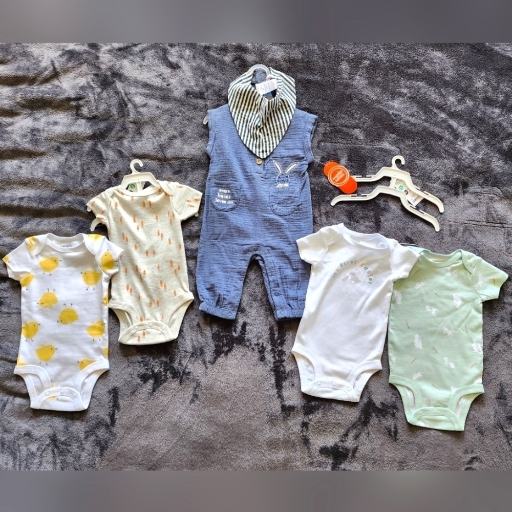 NWT baby boy Easter clothes bundle, size 3/6 months, 4 oncies, romper + bib set